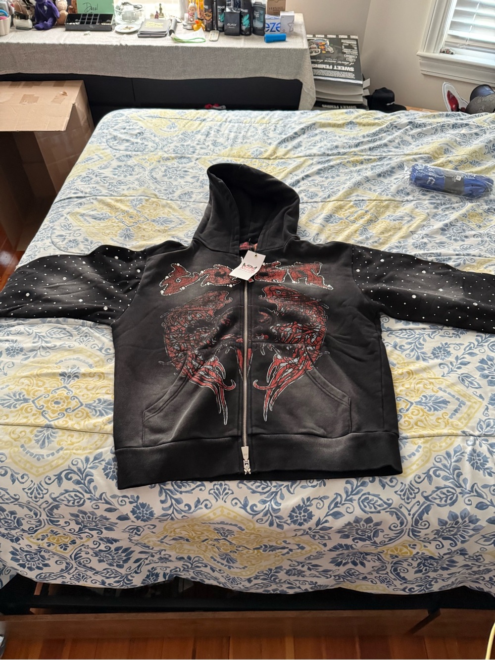 Lost Intricacy Men’s Black Zip Hoodie with Red Graphic & Rhinestones